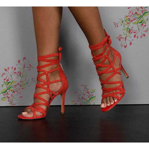 Sam Edelman Black Suede Leather Strappy Back Zip Tie Heels tangerine orange 7.5 - Picture 1 of 9